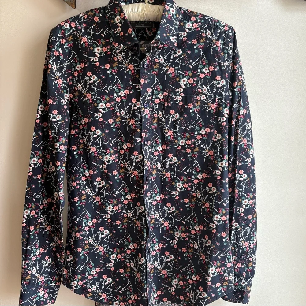 Paisley & Gray Floral Navy Men's Button Down Slim Fit Small 15